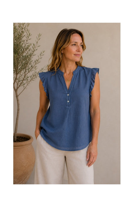 Linen blouse short-sleeved aqua blue - One Size