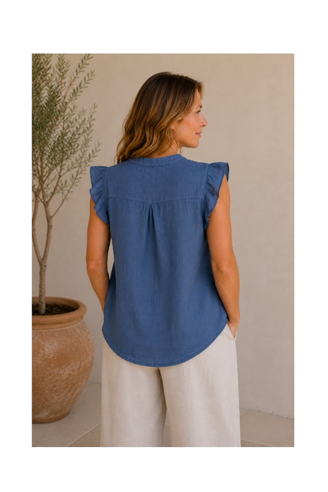 Linen blouse short-sleeved aqua blue - One Size