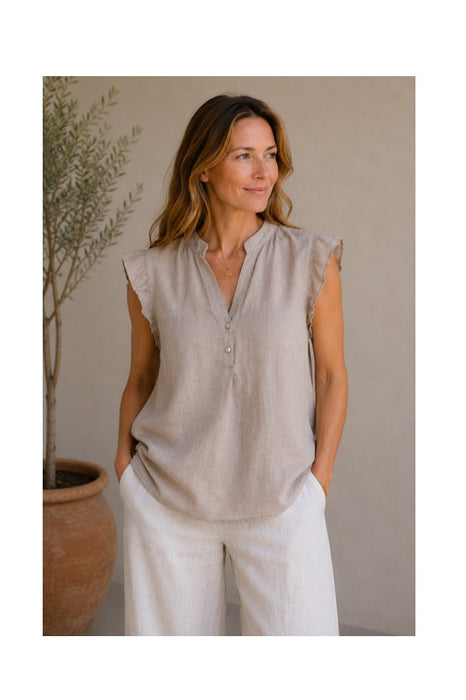 Linen blouse short sleeve taupe - One Size