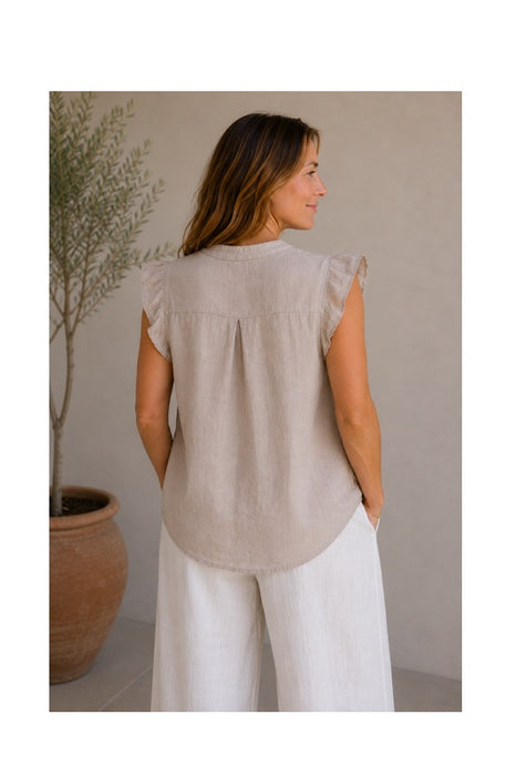 Linen blouse short sleeve taupe - One Size