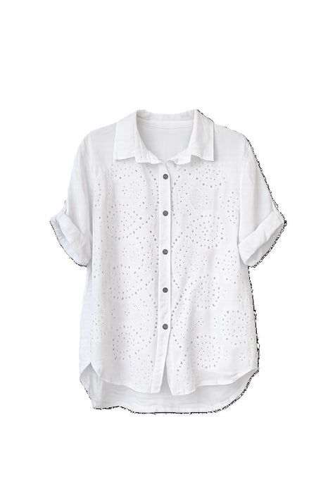 Linen blouse short sleeve openwork pattern white - One Size
