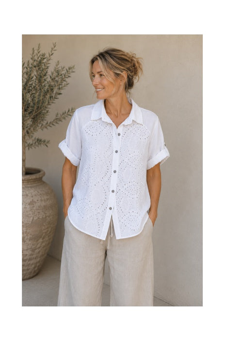 Linen blouse short sleeve openwork pattern white - One Size