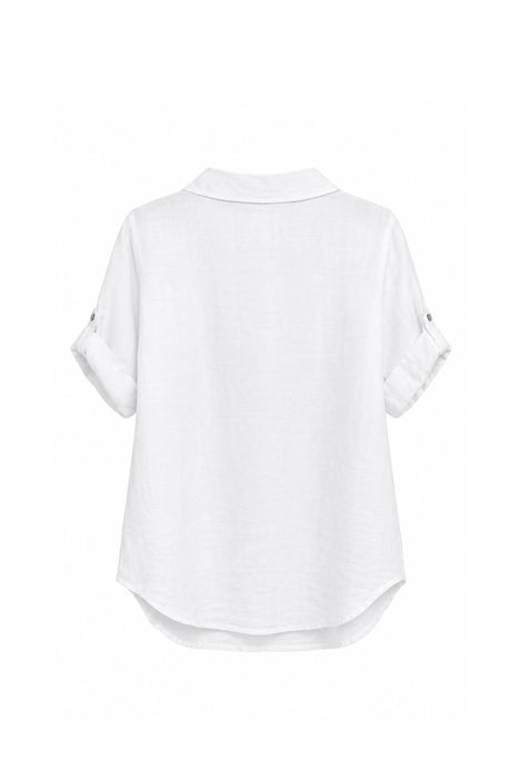 Linen blouse short sleeve openwork pattern white - One Size