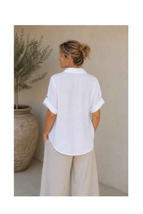 Linen blouse short sleeve openwork pattern white - One Size