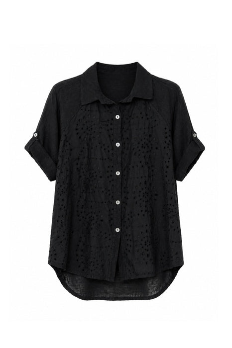Linen Blouse Short Sleeve Eyelet Pattern Black - One Size