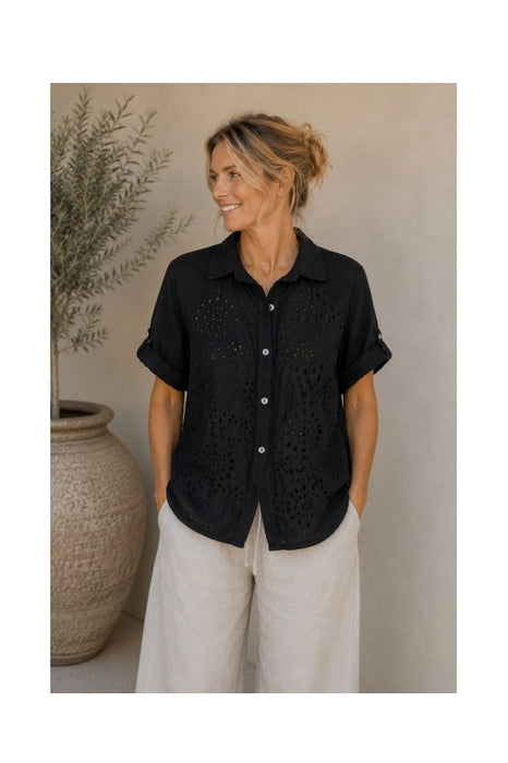 Linen Blouse Short Sleeve Eyelet Pattern Black - One Size