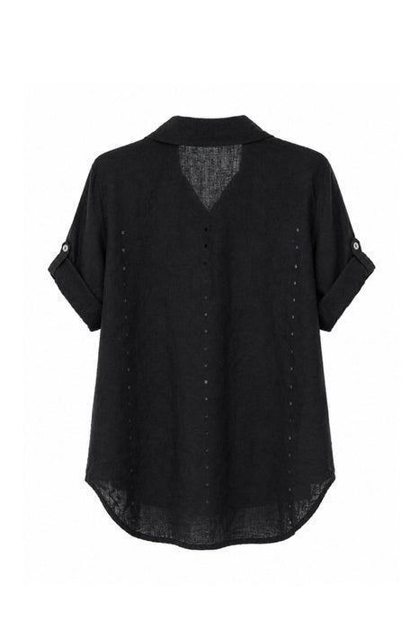 Linen Blouse Short Sleeve Eyelet Pattern Black - One Size