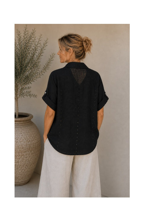 Linen Blouse Short Sleeve Eyelet Pattern Black - One Size