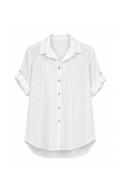 Linen blouse short-sleeved side eyelet pattern white - One Size