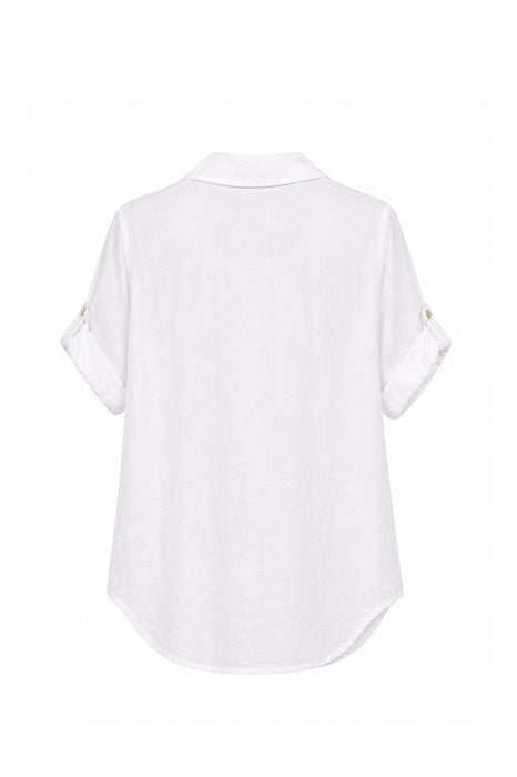 Linen blouse short-sleeved side eyelet pattern white - One Size