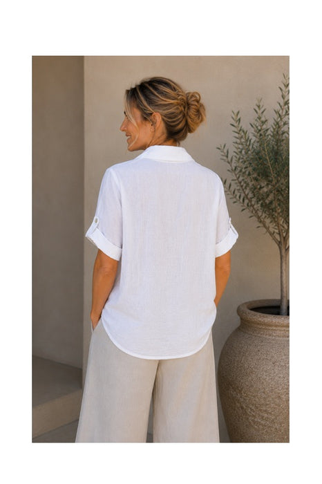 Linen blouse short-sleeved side eyelet pattern white - One Size