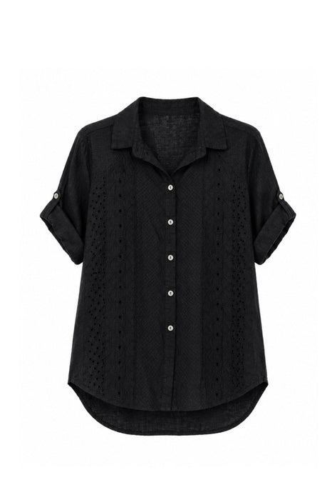 Linen Blouse Short Sleeve Side Eyelet Pattern Black - One Size