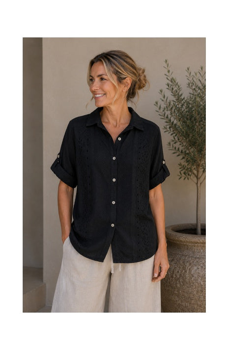 Linen Blouse Short Sleeve Side Eyelet Pattern Black - One Size