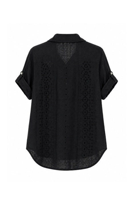 Linen Blouse Short Sleeve Side Eyelet Pattern Black - One Size
