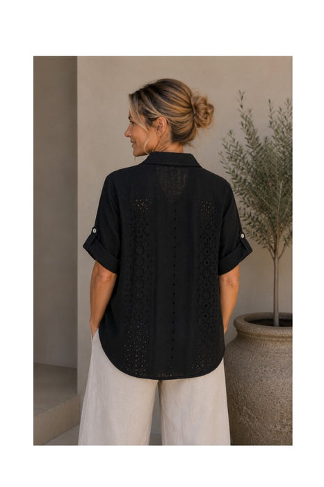 Linen Blouse Short Sleeve Side Eyelet Pattern Black - One Size