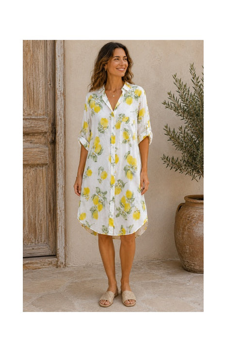 Blusenkleid Baumwolle lang weiss/gelbe Zitronen - One Size