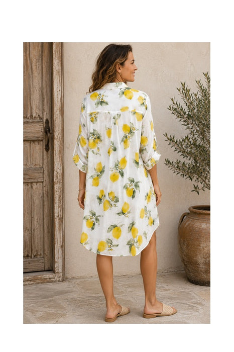 Blusenkleid Baumwolle lang weiss/gelbe Zitronen - One Size