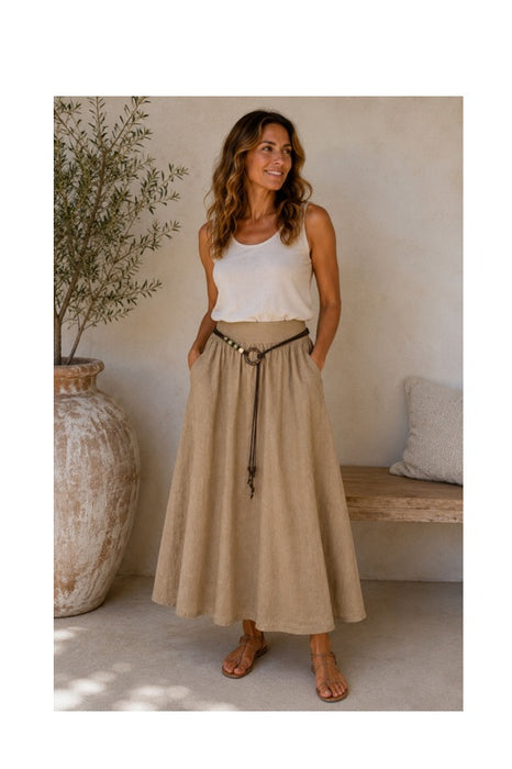 Long linen skirt with belt camel - One Size