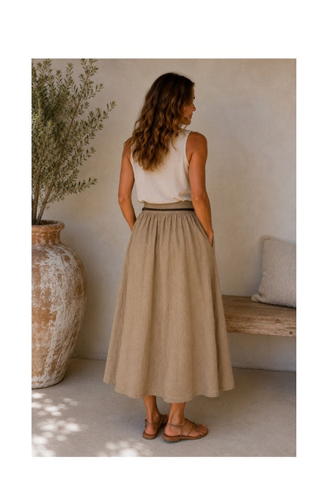 Long linen skirt with belt camel - One Size