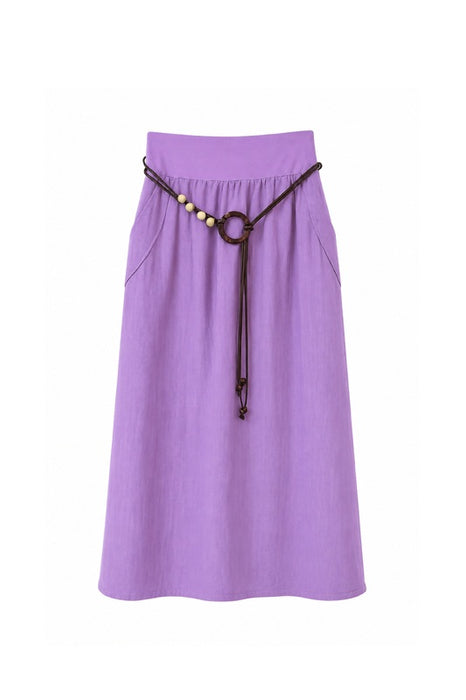 Long Linen Skirt with Belt Purple - One Size