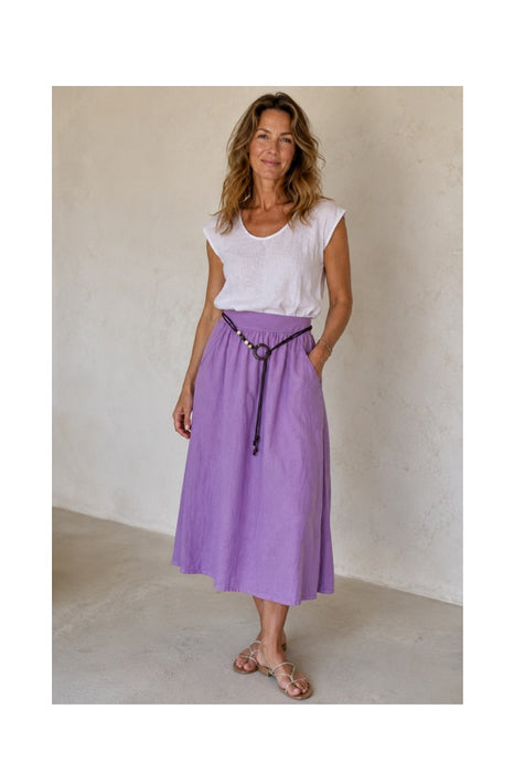 Long Linen Skirt with Belt Purple - One Size