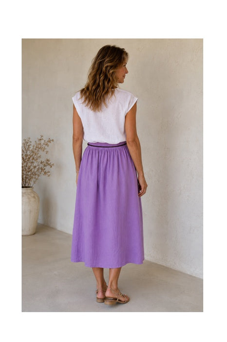 Long Linen Skirt with Belt Purple - One Size