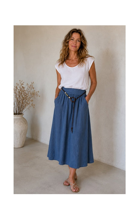Long linen skirt with belt aquablue - One Size
