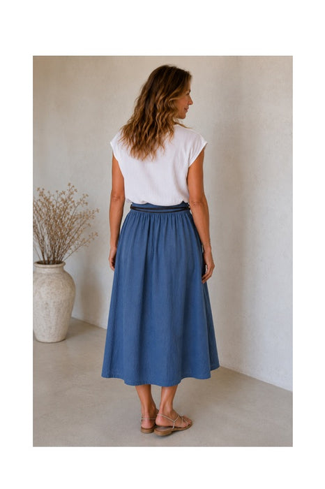 Long linen skirt with belt aquablue - One Size