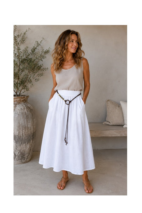 Long linen skirt with belt white - One Size