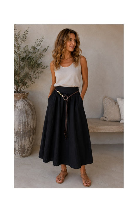 Long linen skirt with belt black - One Size