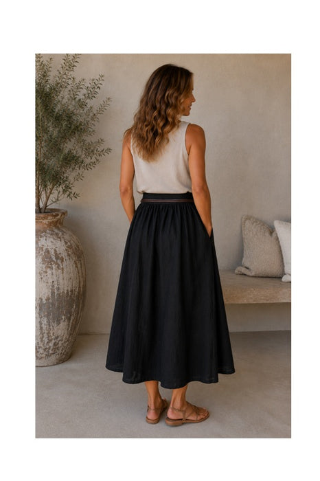 Long linen skirt with belt black - One Size