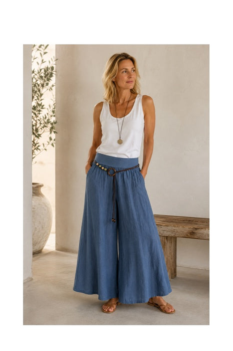 Linen trousers with belt aqua blue - One Size