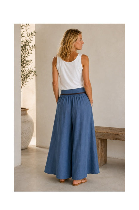 Linen trousers with belt aqua blue - One Size