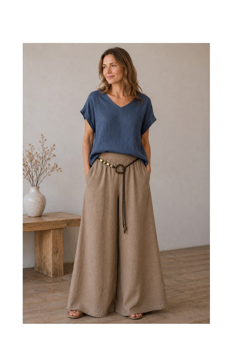 Linen trousers with belt camel - One Size