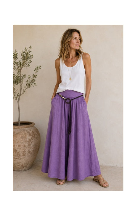Linen trousers with belt, purple - One Size
