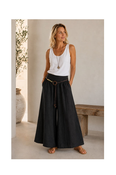 Linen Trousers with Belt Black - One Size