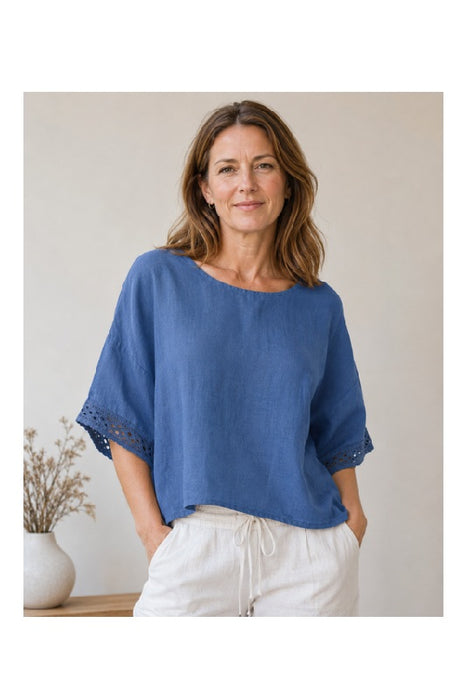 Linen top wide aqua blue - One Size