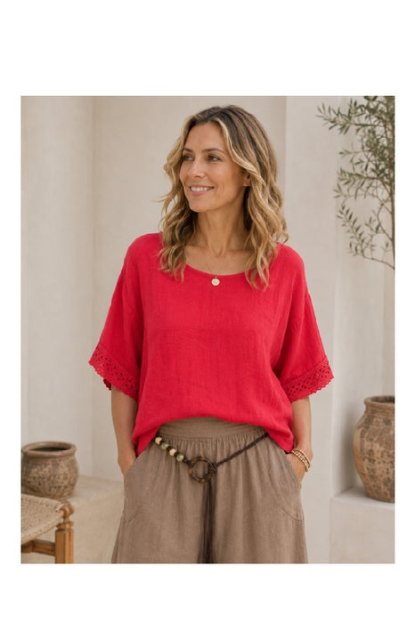 Loose linen top coral - One Size