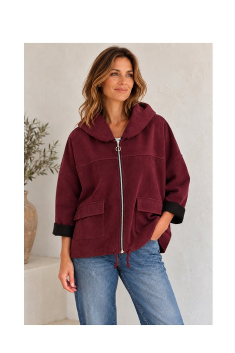 Jacke mit Kapuze und Reissverschluss in Wildleder Optik bordeaux - One Size