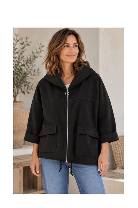 Jacke mit Kapuze und Reissverschluss in Wildleder Optik schwarz - One Size