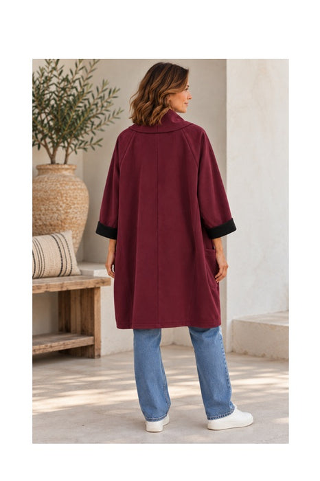 Mantel lang mit Schalkragen Wildleder Optik bordeaux - One Size