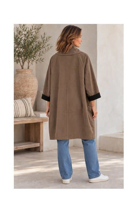 Mantel lang mit Schalkragen Wildleder Optik dunkelbraun - One Size