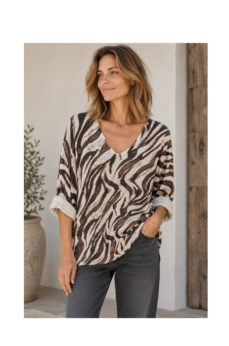 Knitted sweater viscose/polyester/nylon zebra pattern brown/beige - One Size