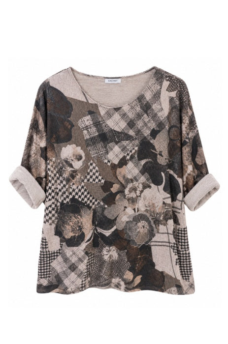Knitted sweater viscose/polyester/nylon flowers brown/beige - One Size