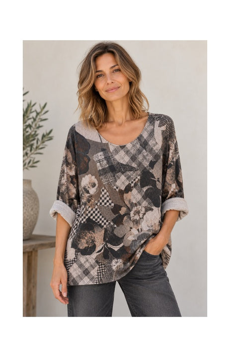 Knitted sweater viscose/polyester/nylon flowers brown/beige - One Size