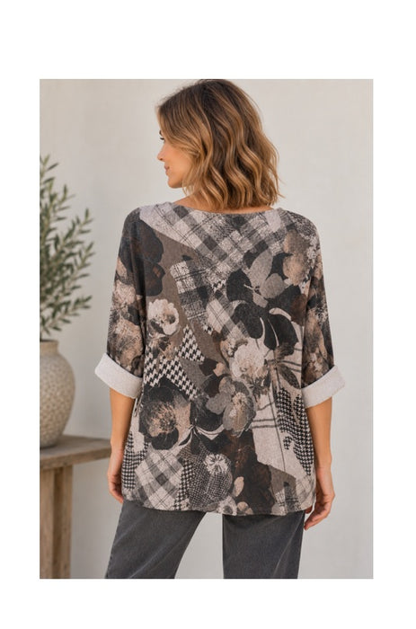 Knitted sweater viscose/polyester/nylon flowers brown/beige - One Size