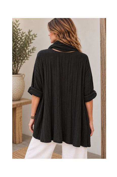 Strickpullover Viskose/Polyester/Nylon mit Schal schwarz - One Size