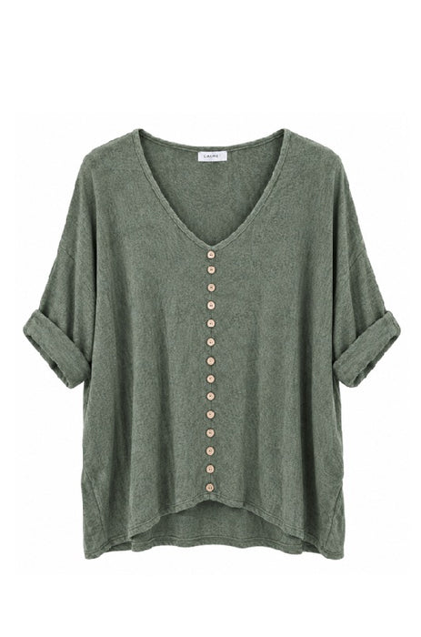 Strickpullover Viskose/Polyester/Nylon mit Knöpfen khaki - One Size