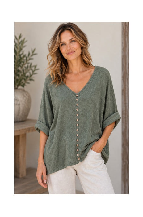 Strickpullover Viskose/Polyester/Nylon mit Knöpfen khaki - One Size