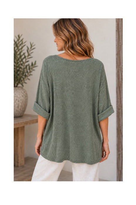 Strickpullover Viskose/Polyester/Nylon mit Knöpfen khaki - One Size